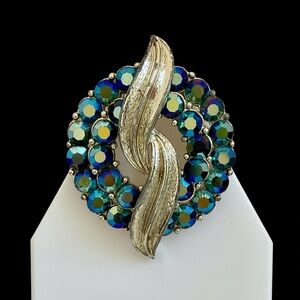 Vintage AB Blue Rhinestone And Silver Tone Brooch